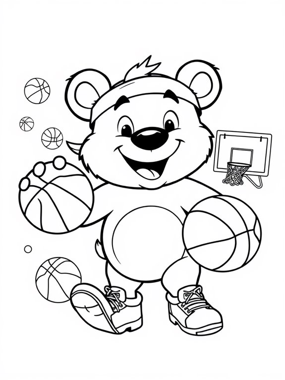 cheerful bear playing basketball