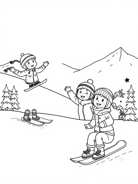 children snowboarding together fun