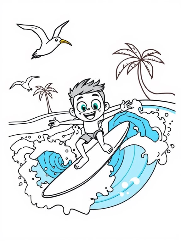 colorful cartoon surfing scene