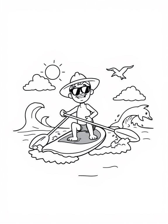 colorful paddleboarding cartoon scene