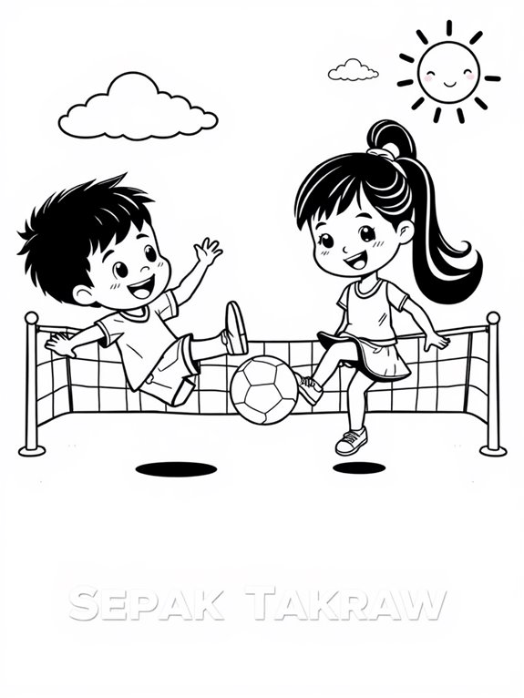 cute characters playing sepak takraw