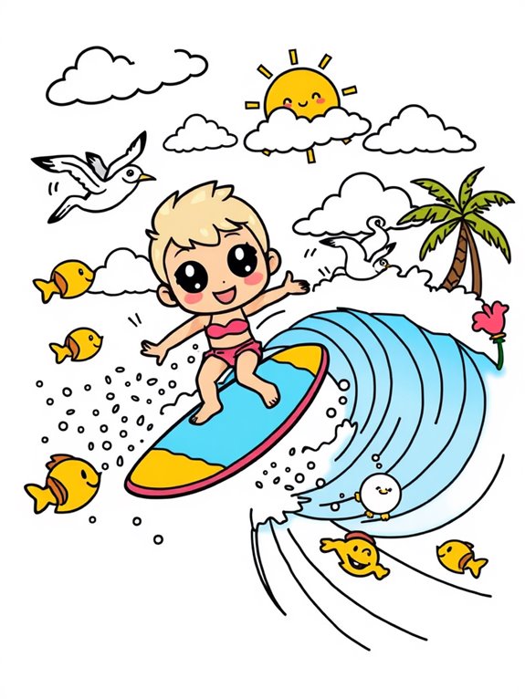 cute surfing coloring page