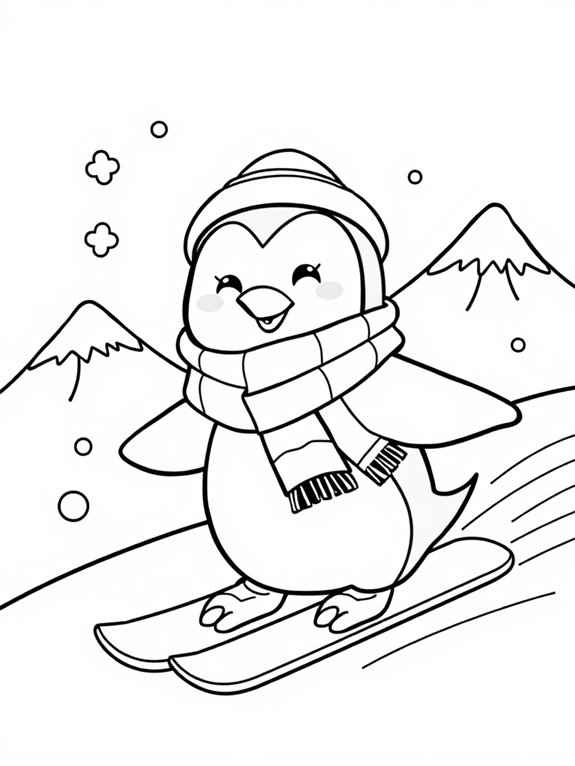 penguin on snowboard coloring page