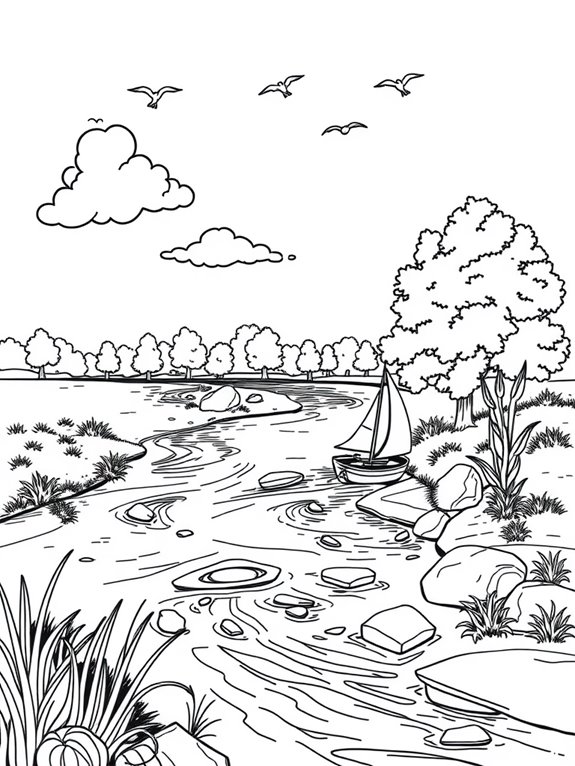 scenic riverside rowing illustration