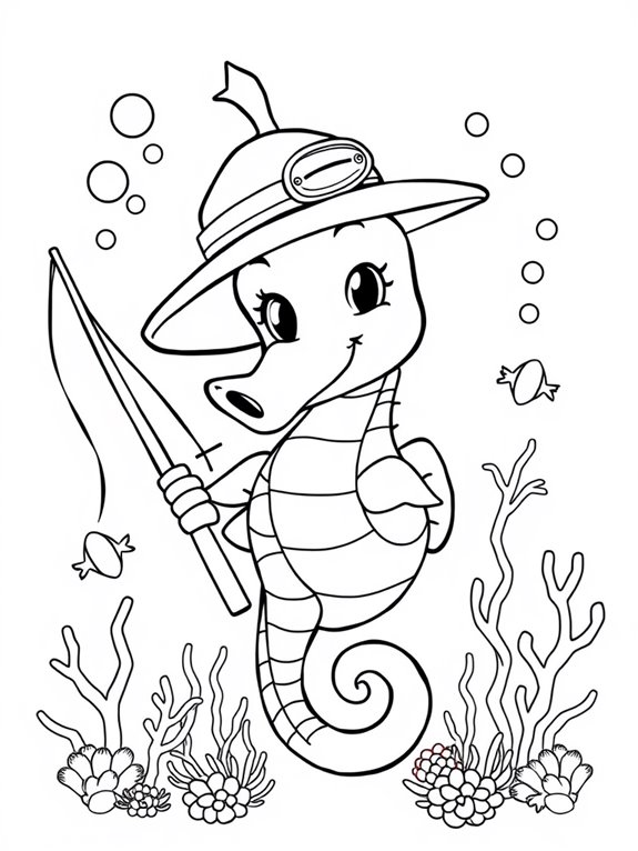 seahorse fishing coloring page