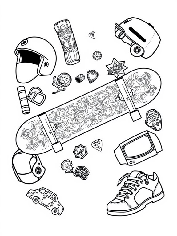 skateboard coloring page set