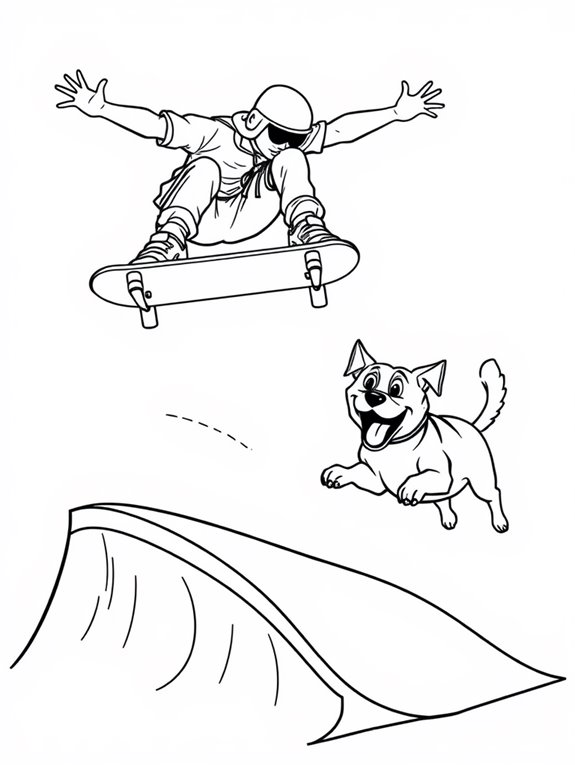 skateboarding dog and skater