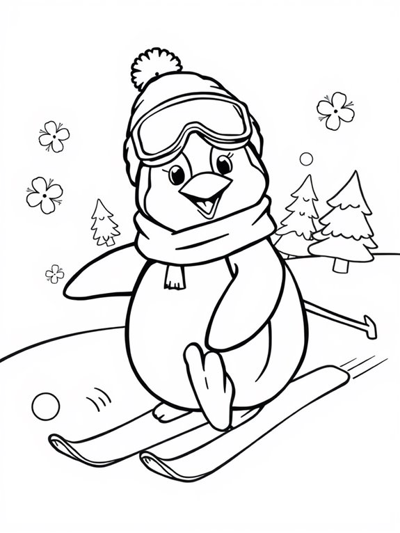 skiing penguin coloring page