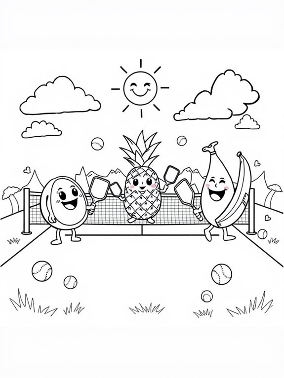 smiling fruits playing pickleball