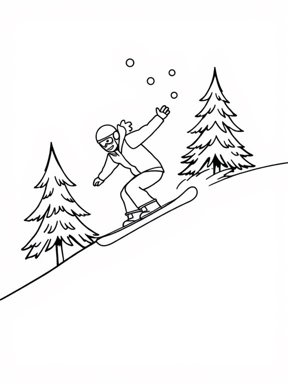 snowboarding with pine trees