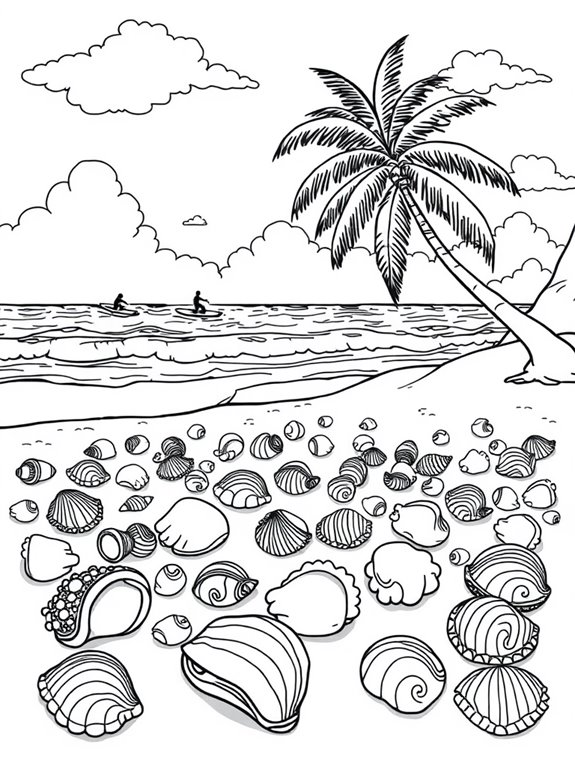 surfing beach seashells coloring page