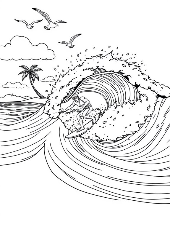 surfing coloring page adventure