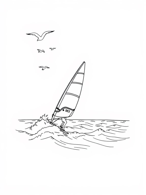 windsurfing with birds illustration